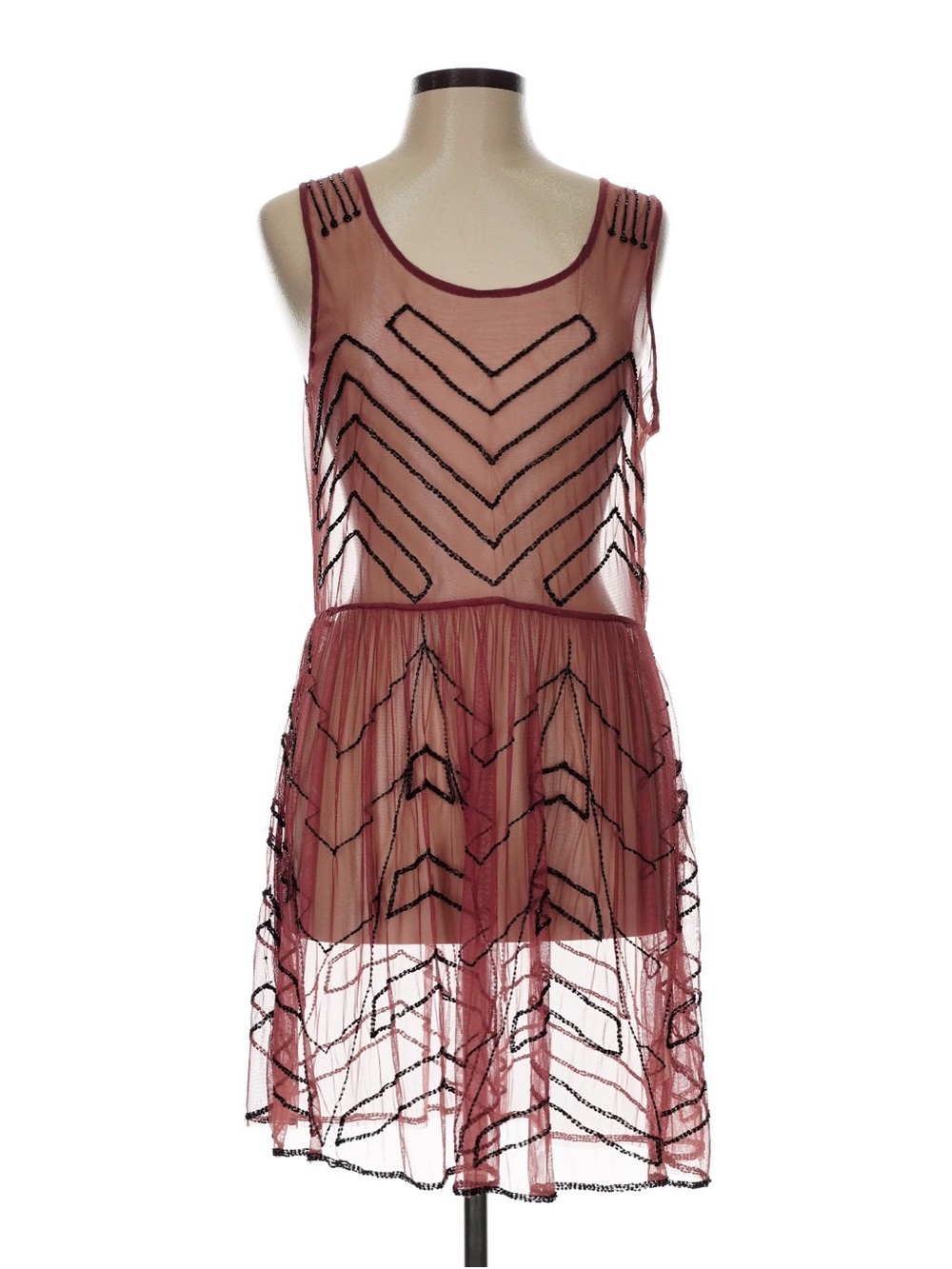 Free People Sheer Mesh Beaded Mini Slip Dress Rose